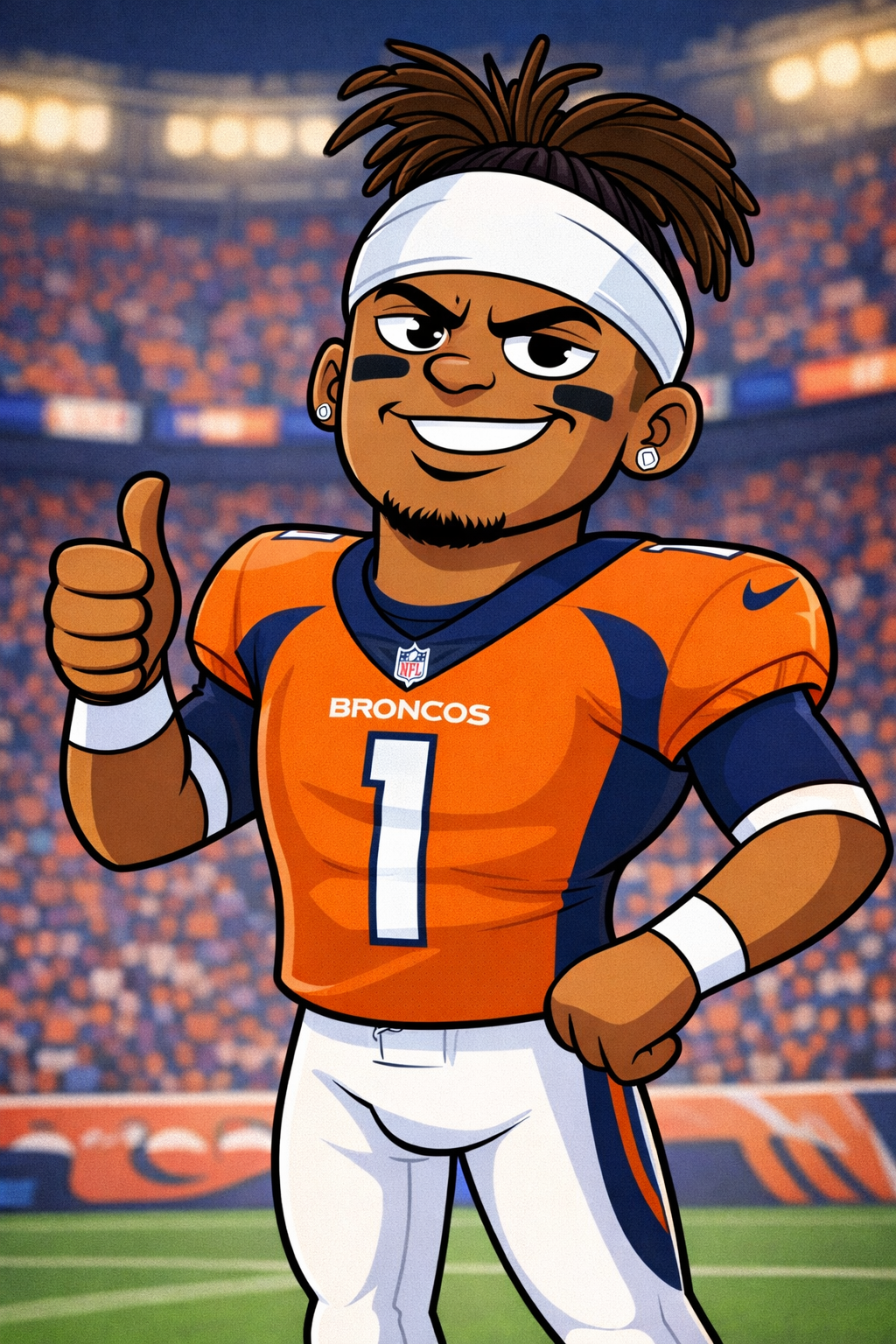 artoon-style illustration of Cam Newton in a Denver Broncos orange #1 jersey, wearing a white headband and eye black, smiling and giving a thumbs-up in front of a blurred football stadium crowd.