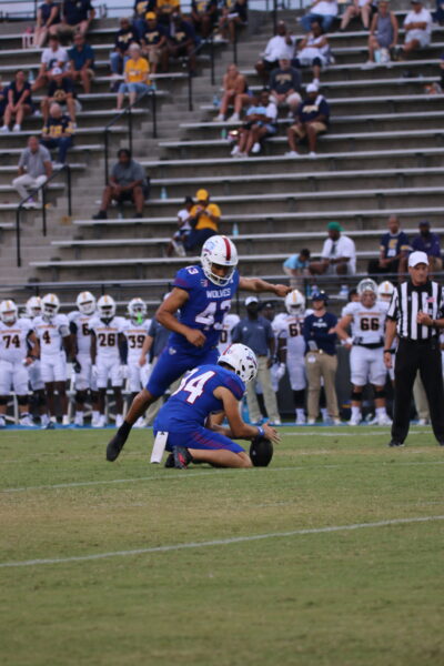 University of West Georgia kicker Freddy Perez attempts a field goal in a game against the UT Chattanooga Mocs on August 27, 2026