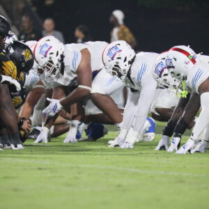 University of West Georgia offensive line gets in stances in anticipation of the ball being snapped in their game against the Kennesaw State Owls on Sept. 3, 2026