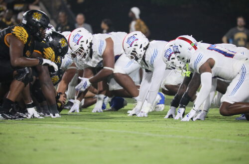 University of West Georgia offensive line gets in stances in anticipation of the ball being snapped in their game against the Kennesaw State Owls on Sept. 3, 2026