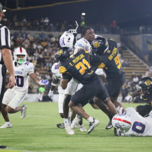 West Georgia player Shawn Cummings (13) makes a tackle in the team's game against the Kennesaw State Owls on Sept. 3, 2026
