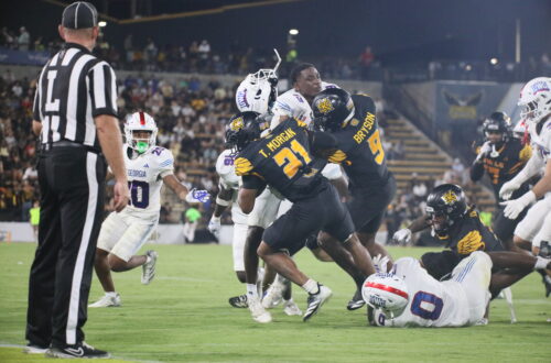 West Georgia player Shawn Cummings (13) makes a tackle in the team's game against the Kennesaw State Owls on Sept. 3, 2026