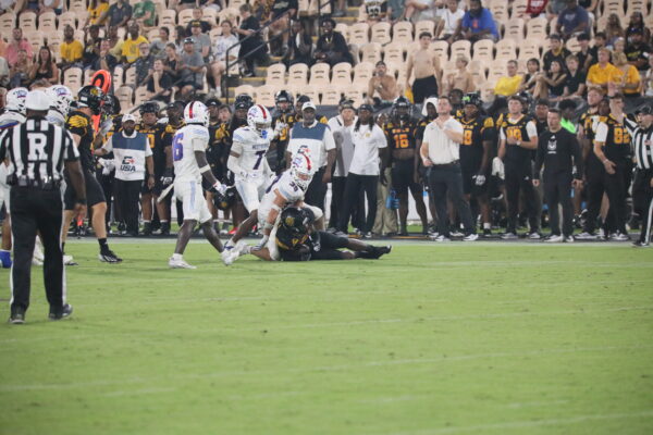 University of West Georgia linebacker Lucas Naquin makes a tackle in the team's game against the Kennesaw State Owls on Sept. 3, 2026