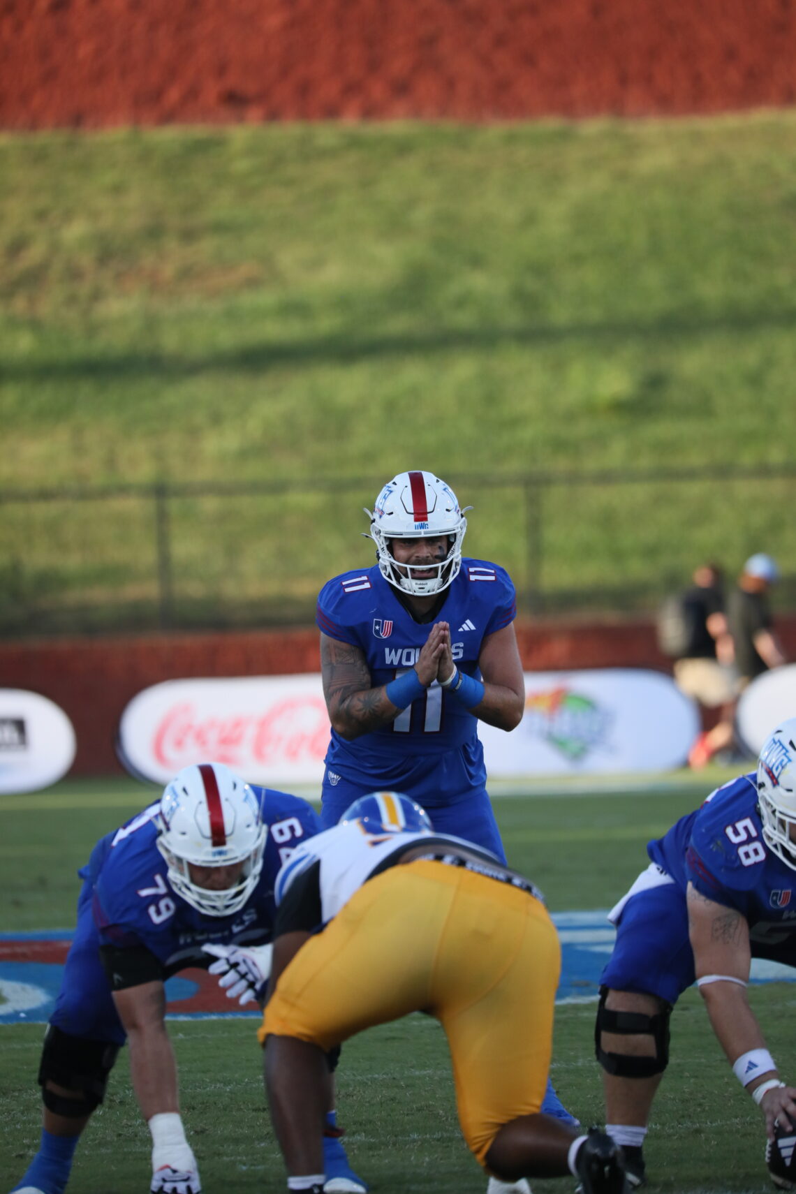UWG Football player Colton Fitzgerald pre snap
